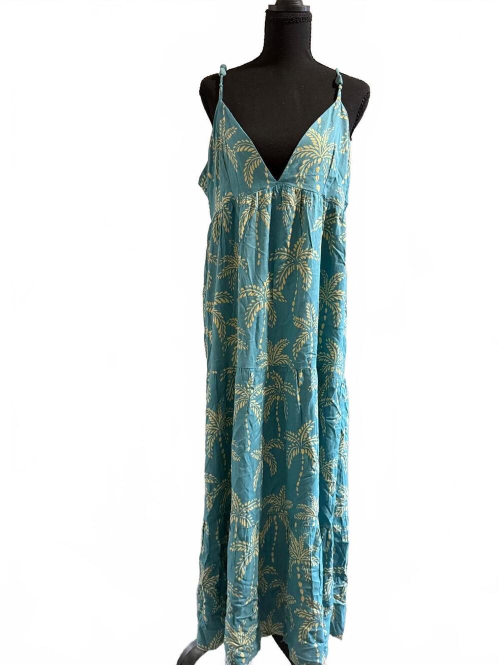True Destinations Palm Tree Print Maxi Dress Blue & Cream Sleeveless Size Large